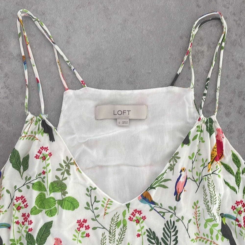 LOFT Jungle Birds Tropical Print Ruffle Double Strap Lined Dress Cover Up size S - Picture 5 of 11